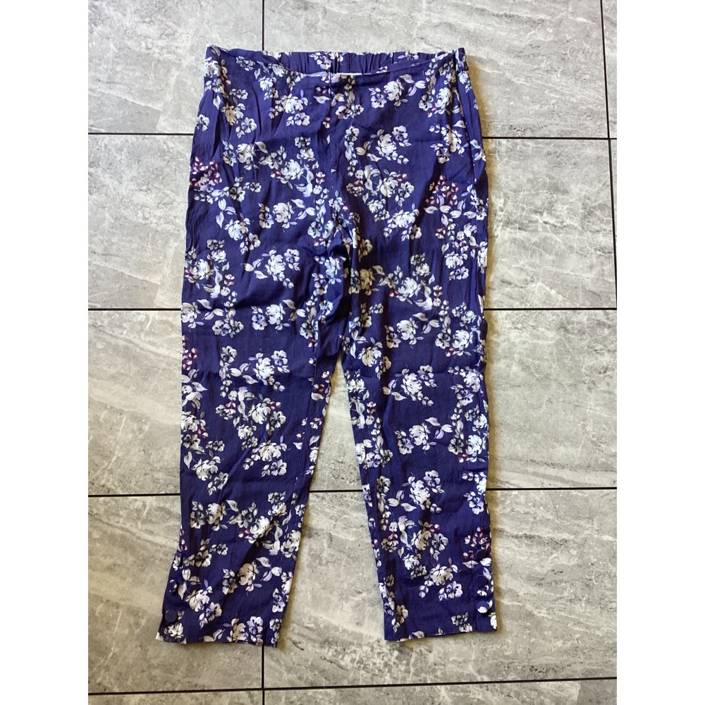 J. Jill Linen Stretch Purple Floral Cropped Pants Side Zip Button Ankle L Tall